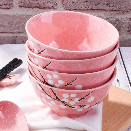 Vista 5 de Juego de 4 cuencos de arroz japoneses, estilo japonés, pintados a mano, color rosa ciruela, juego de 4 cuencos para postre aperitivos, cereales