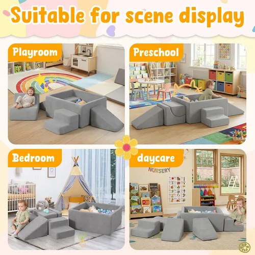 Vista 4 de Bloques de escalada de espuma de 6 piezas con pozo de bolas cuadrado grande, gris Modular Climb & Crawl Play Set for Toddlers,Soft Play Equipment