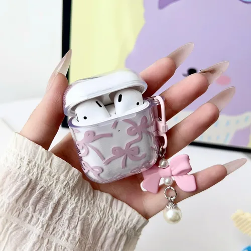 Vista 4 de Linda funda para Airpod de 2ª generación para diseño de lazo femenino, diseño de moda, diseño estético a prueba de golpes, funda para auriculares