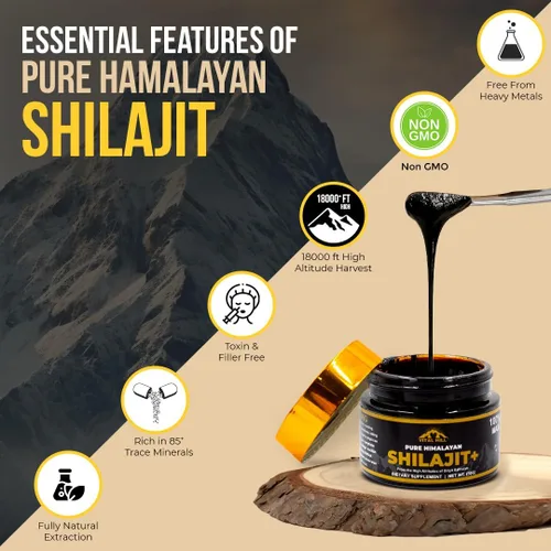 Vista 2 de Resina Shilajit del Himalaya prémium para hombres y mujeres, 500 mg de potencia máxima orgánica, probada en laboratorio estadounidense para pureza