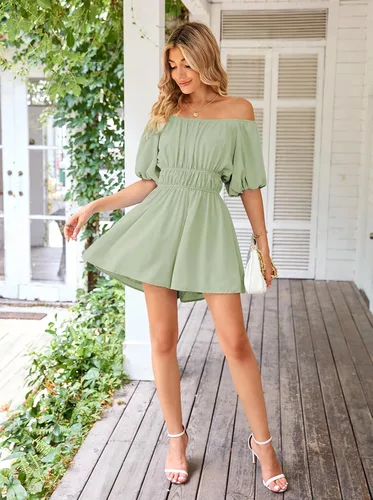 Vista 3 de Linsery Overol corto de verano para mujer, con hombros descubiertos, manga abombada, con volantes