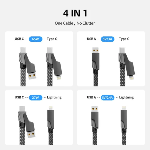 Vista 2 de Cable de Carga 4 en 1 de Carga Rápida de 65W, Cable USB C 4 en 1 Cable de Carga Múltiple USB con Chip E-Mark, Cable Cargador Múltiple para iPhone