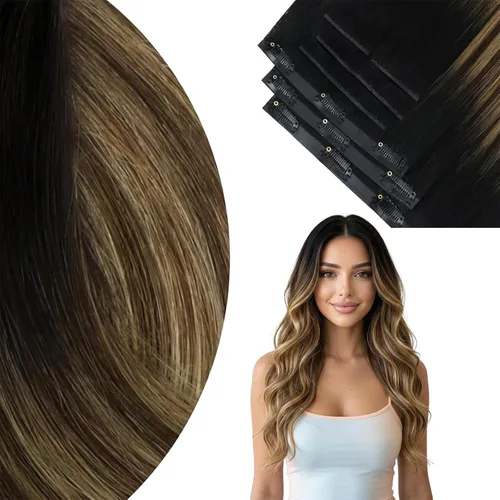 Vista 50 de Ve Sunny Extensiones de cabello clip-in de cabello humano real con reflejos, extensiones de cabello con clip para cabello corto, marrón oscuro