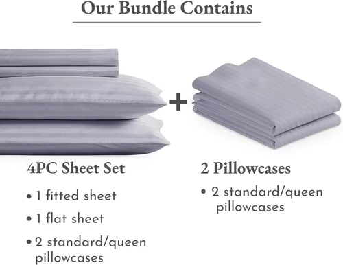 Vista 2 de California Design Den Paquete de ropa de cama - Juego de sábanas a rayas Queen con 4 fundas de almohada, 500 hilos, 100% satén de algodón