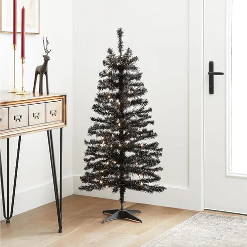 Vista 4 de árbol de Navidad, de 4 pies, con hojas de espumillón azules, soporte plástico y 70 luces claras (TT33-304-40), de National Tree