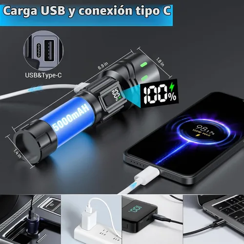 Vista 5 de Linternas Recargables de Alto Lúmenes, Luz LED Súper Brillante, Linternas Tácticas con Pantalla LCD de Energía, 5 Modos, Impermeable, Linterna Más