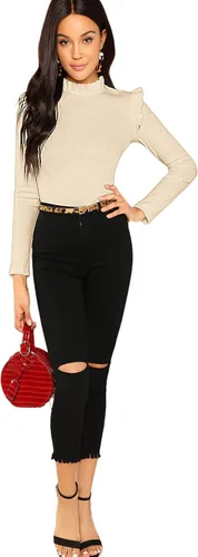 Vista 3 de Romwe - Blusa con abertura en la espalda, color liso, hombros con volantes, corte ajustado y cuello alto para mujeres