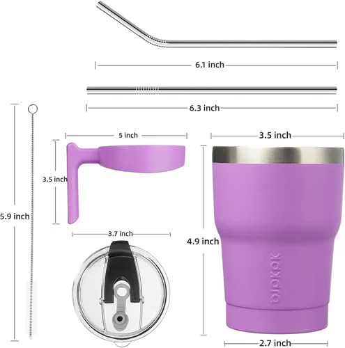 Vista 3 de BJPKPK - Vaso de 10 onzas con asa, vaso aislado con tapa y pajilla de acero inoxidable, taza de viaje para café, color lavanda