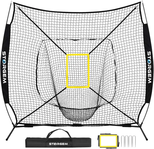 Vista 8 de Storgem Baseball and Softball Practice Net 7×7ft Portable Hitting Pitching Batting Training Net Baseball Backstop Net and Strike Zone and Bow Frame