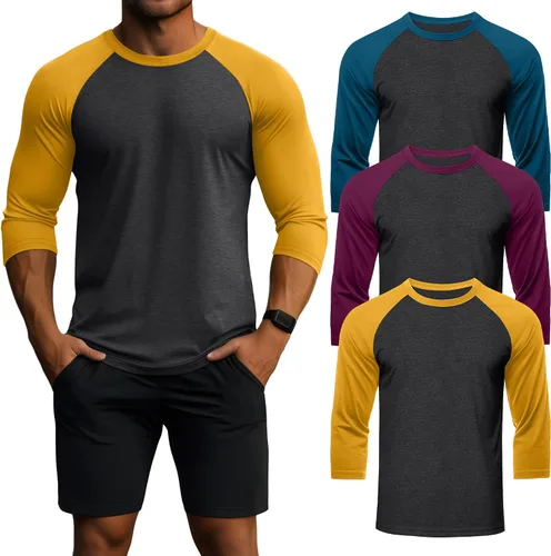 Vista 14 de Huukeay - Paquete de 3 camisas para hombre de 3/4 de manga, cuello redondo, camisetas de béisbol, camisetas atléticas que absorben la humedad