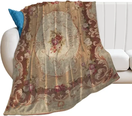 Vista 2 de Manta de franela de lana Aubusson francesa con rosas antiguas, 50 x 40 pulgadas, manta ligera y esponjosa para invierno y otoño, acogedora y suave