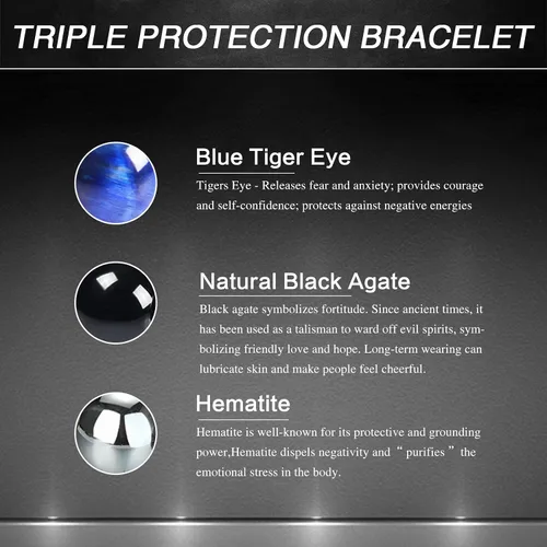 Vista 19 de DHQH Triple Protection Bracelet 8/10MM Hematite Black Agate Tigers Eye Stone Bracelet Crystal Jewelry Healing Bead Bracelets for Men Bring Luck