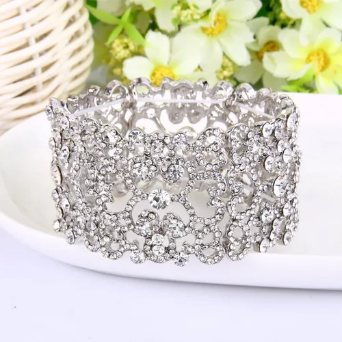 Vista 4 de EVER FAITH Pulsera elástica de cristal austríaco con corazón Art Deco para mujer, transparente