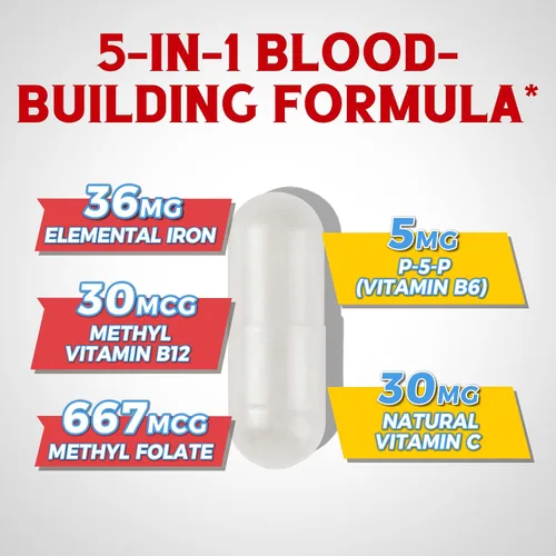 Vista 2 de Vitalibre Suplemento de hierro para mujeres y hombres, con vitaminas C, B6, B12 y folato, probióticos para mujeres, 100 mil millones de UFC, 15