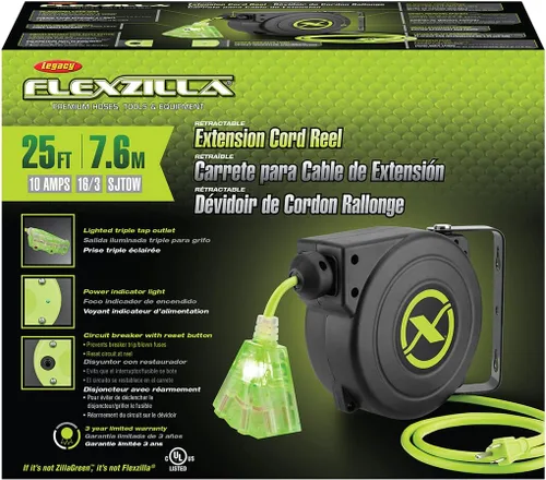 Vista 2 de Flexzilla Extensión retráctil 16/3 AWG 25' carrete de cable eléctrico, ZillaGreen, FZ8160253