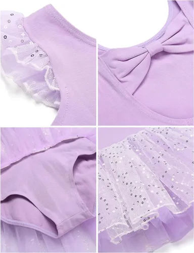 Vista 8 de Zaclotre Leotardos de ballet de manga con vuelo para niñas con falda tutú, vestido de baile con lazo en la espalda, trajes de bailarina brillantes