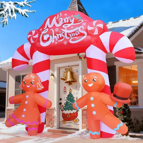 Vista 5 de GOOSH Arco inflable de Navidad de 9.6 pies para decoración al aire libre, bonito arco de bastón de caramelo con pareja de pan de jengibre con LED