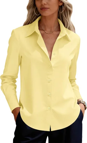 Vista 23 de siliteelon Camisas de vestir con botones para mujer, camisas de vestir de manga larga para mujer, camisas de trabajo de algodón de ajuste regular