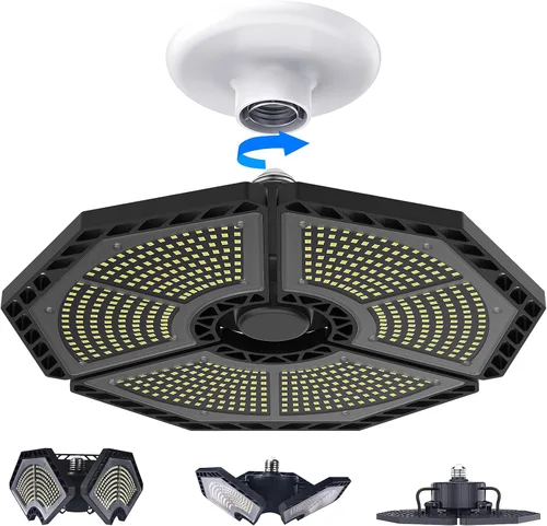 Vista 8 de KERNOWO Luces LED de garaje, 140 W, 18500 lúmenes, iluminación de garaje, luz diurna de 6000 K con lámpara de techo de tres paneles deformables