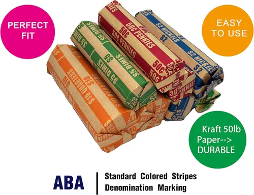 Vista 4 de Paquete surtido de 300 envoltorios planos para monedas, papel kraft duradero a rayas de colores estándar ABA