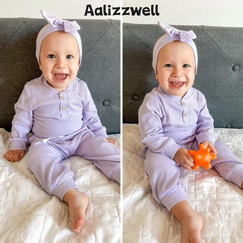 Vista 3 de Aalizzwell Traje acanalado de manga larga neutral para bebé con sombrero y diadema