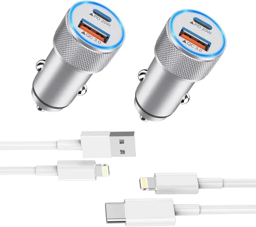 Vista 10 de Cargador de coche para iPhone de Apple, cargador de coche rápido para iPhone【2Pack】Adaptador de cargador de coche de doble puerto USB C