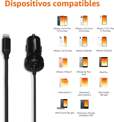 Vista 2 de Amazon Basics Cargador de coche de carga rápida de 12 W (5 V, 2.4 A) con cable Lightning en espiral para iPhone, iPad y dispositivos Apple, 1.5