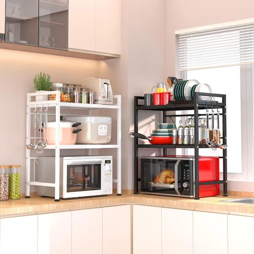 Vista 2 de PUSDON Estante para horno de microondas, estante ajustable resistente de 3 niveles con 3 ganchos para organizador de encimera de cocina