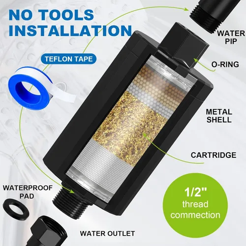 Vista 6 de Cabezal de Ducha de Todo Metal – Filtro de Ducha KDF 55 con Vitamina C E&A para Agua Dura, Filtros de Ducha Universales de Alta Presión para Reducir