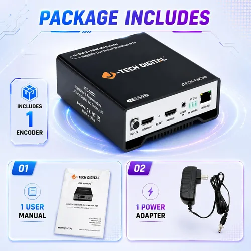 Vista 6 de J-Tech Digital Codificador de vídeo HDMI H.264 H.265 IPTV codificador de vídeo en red 4K 30Hz con NDI, audio incrustado, PoE, admite protocolos UDP