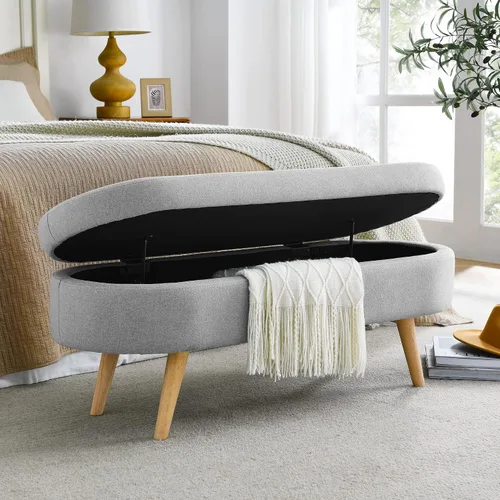 Vista 3 de Otomana de almacenamiento tapizada, banco de entrada con patas de madera de goma para sala de estar, dormitorio, gris