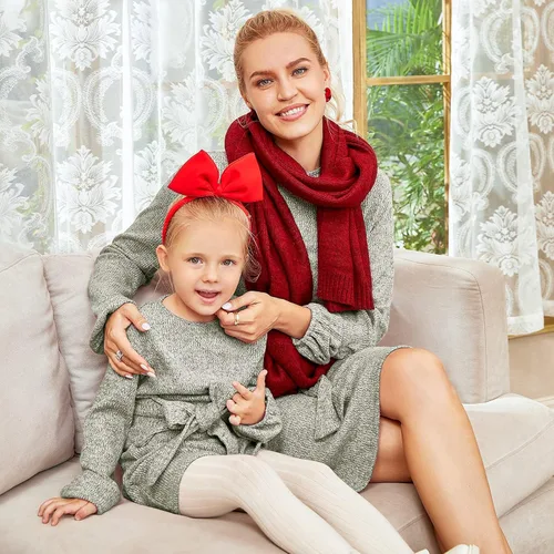 Vista 5 de PopReal Mommy and Me Outfits - Vestido de manga larga con estampado de leopardo negro y lazo frontal en la cintura, ropa familiar a juego