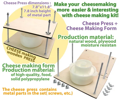 Vista 6 de PetriStor Prensa de queso de madera para suministros de fabricación de queso, guías de metal de 12 pulgadas y molde de queso con pistón seguidor