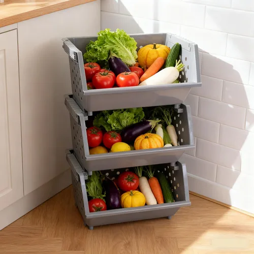 Vista 7 de Paquete de 3 cestas organizadoras apilables de plástico, cestas de almacenamiento apilables para cocina