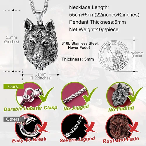 Vista 4 de FaithHeart Collar con colgante de lobo vikingo nórdico para hombres y mujeres, acero inoxidable, chapado en oro de 18 quilates, joyería con embalaje