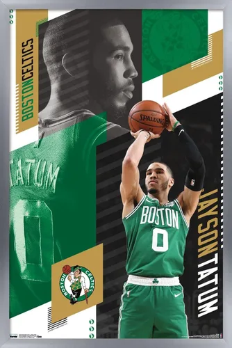 Vista 11 de Trends International NBA Boston Celtics - Póster de pared de Jayson Tatum 19, 14.725 x 22.375 pulgadas, versión enmarcada de madera de granero