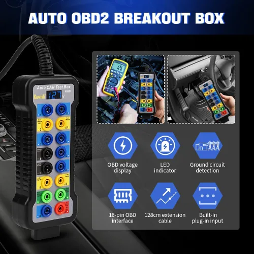Vista 2 de Caja de ruptura OBD2 KAWISH Detector de protocolo OBDII Auto de 16 pines con pantalla LCD para detección de comunicación de protocolo