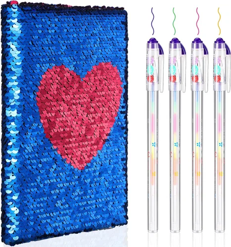 Vista 13 de Outus Juego de diario de lentejuelas para niñas con 4 bolígrafos de tinta de gel de color, diario reversible, cuaderno de lentejuelas con purpurina