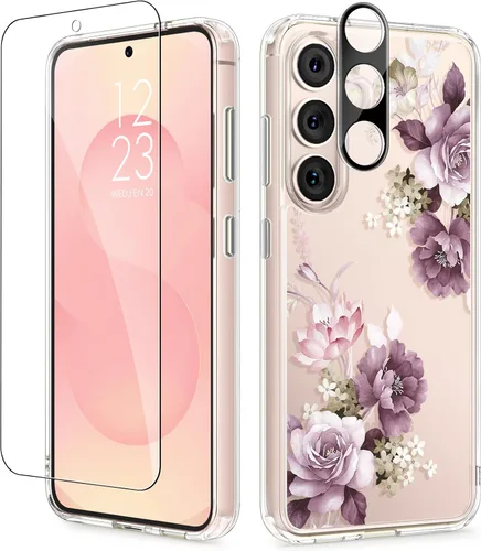 Vista 26 de GVIEWIN Funda protectora para Samsung Galaxy S25, transparente floral, delgada, a prueba de golpes, para mujer, no se pone amarilla, con protector