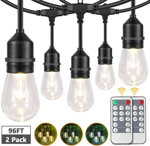 Vista 10 de Cadena de luces para exteriores de 96 pies (48 x 2), luz de patio de alambre blanco resistente de grado comercial con bombillas LED S14 Blanco-2700K