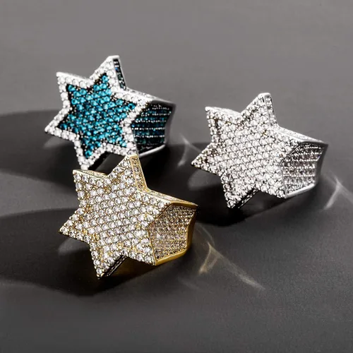 Vista 3 de TOPGRILLZ Anillo de estrella hexagonal chapado en oro de 14 quilates para hombres y mujeres joyería novedosa Metal Zirconia cúbica