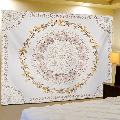 Vista 8 de Tapiz bohemio naranja para colgar en la pared, medallón floral de mandala, tapiz hippie con diseño de corona estética marrón claro, manta de Crema