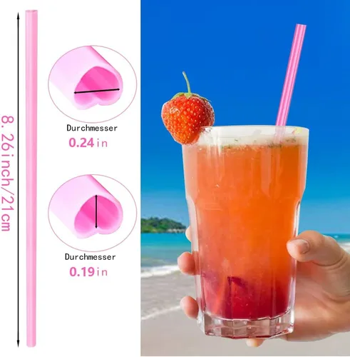 Vista 2 de 100 pajitas de corazón desechables de 8.26 pulgadas, pajitas de plástico rosa para fiestas