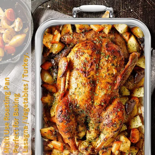 Vista 5 de Sartén para asar de acero inoxidable de 15 pulgadas con estante de enfriamiento - Para pavo, pollo, jamón con estante de horneado en forma de V
