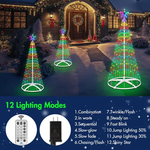 Vista 4 de 3 paquetes de luces de árbol de Navidad en forma de cono, luces de árbol de Navidad de 4' 5' 6' regulables con 12 modos de control remoto, luces