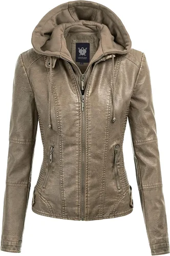 Vista 47 de Lock and Love Chaqueta Abrigo de Moto Motociclista de Piel Sintética para Mujer con Capucha Extraíble o No Extraíble Wjc1044_negro