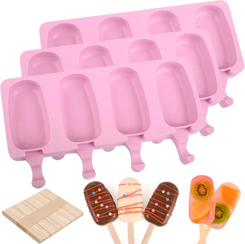 Vista 16 de Sakolla - Juego de moldes de silicona para paletas de hielo, 4 cavidades, moldes para helado ovalados con 50 palos de madera