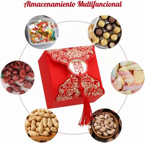 Vista 3 de Abaodam Cajas de dulces de boda chinas, 80 cajas de regalo chinas con borla para invitados, bolsa creativa de decoración de mesa para compromiso