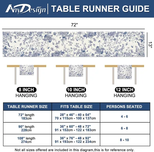 Vista 7 de AnyDesign Camino de mesa azul y blanco de 13 x 72 pulgadas, monocromático, pájaros, flores, cubierta de mesa retro floral para cocina, mesas