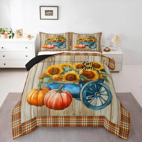 Vista 17 de Juego de edredón de calabaza de otoño, tamaño individual, juego de ropa de cama de hojas de arce para niños y niñas, cosecha de otoño, fruta
